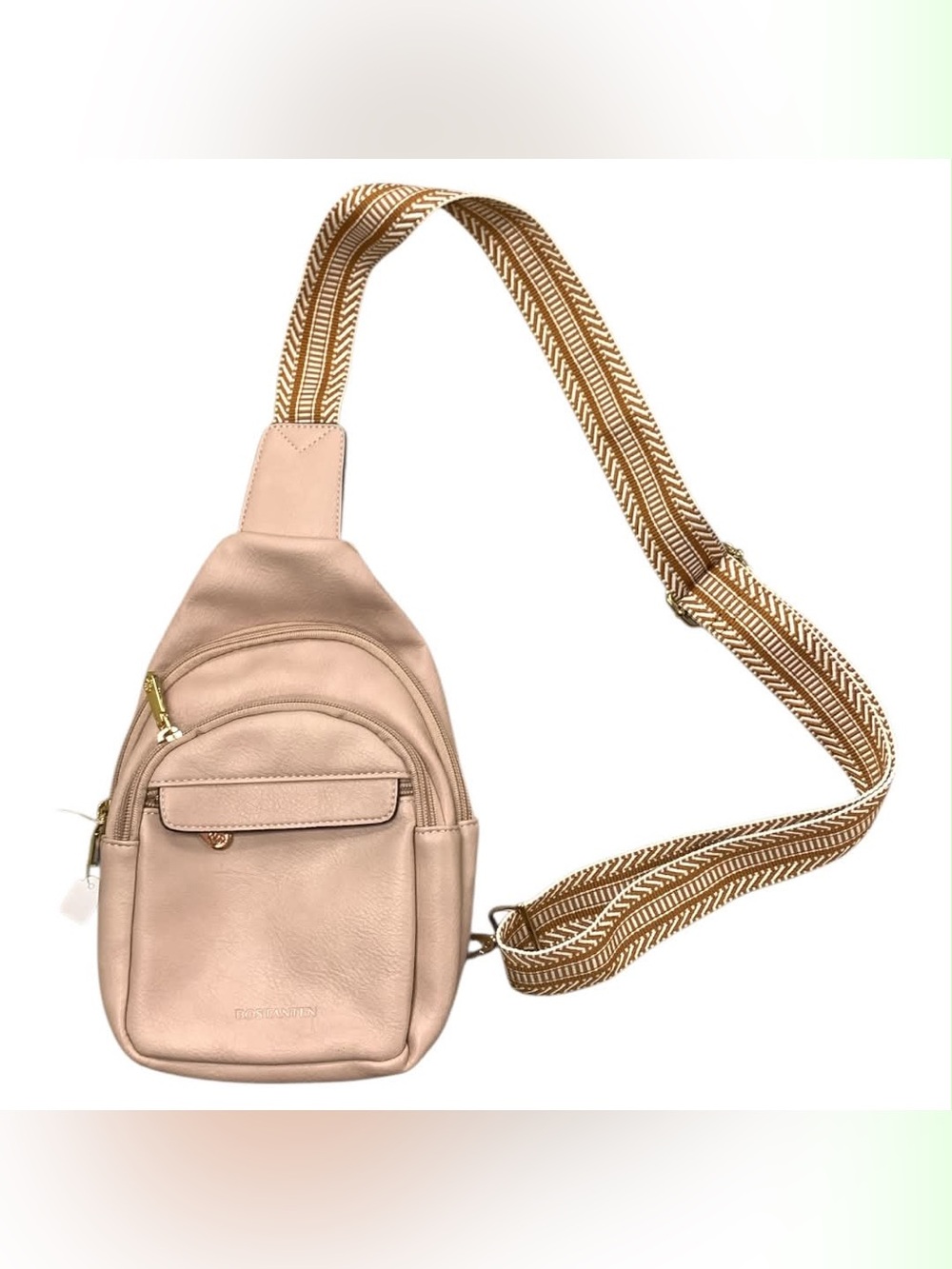 Bostanten Neutral Blush Crossbody Sling Bag with Patterned Strap